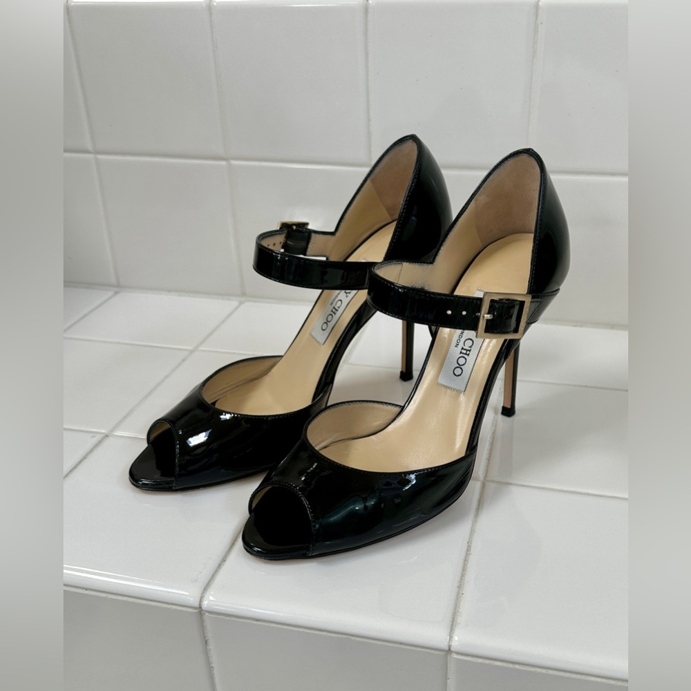 Jimmy Choo Black Patent Leather Peep-Toe Mary Jane Heels - Picture 2 of 9